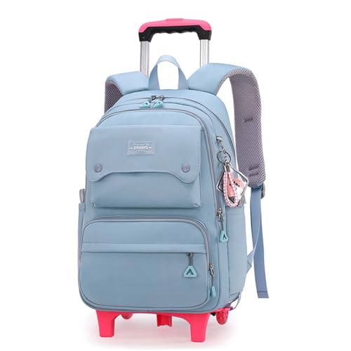 Solid Color Girls Rolling Backpack with Wheels Schoolbag Elementary School Student Trolley Daypack - color: A-blue - Two Wheels, size: 2 Wheels