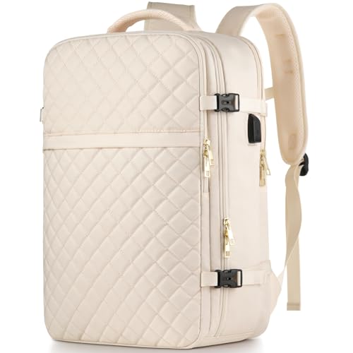 Large Travel Backpack Women, Flight Approved Carry On Backpack, Water Resistant Anti-Theft Large Casual Daypack Fit 17 Inch Laptop with USB Charging Port, Beige - color: Beige, size: 17.3 inch