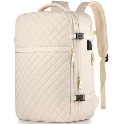 Large Travel Backpack Women, Flight Approved Carry On Backpack, Water Resistant Anti-Theft Large Casual Daypack Fit 17 Inch Laptop with USB Charging Port, Beige - color: Beige, size: 17.3 inch