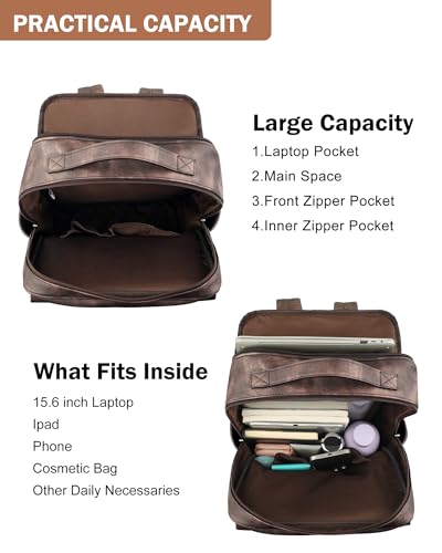 MASINTOR 15.6 inch PU Leather Laptop Backpack Purse for Women | College Laptop Backpack, Spacious Main Compartment, Luggage Strap & Padded Sleeve, Ideal for Campus, Commute & Travel - color: Retro Coffee