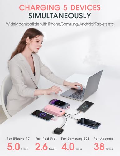 citicr Portable Charger 20000mAh PD20W w/Built-in Cables & Wall Plug Pink | High capacity, Fast charging, Built-in wall plug, LED display, Charge 5 devices at once, Pass through charging, TSA approved - color: Pink-20000mah