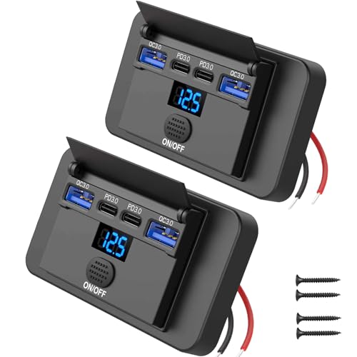 2 Pack 12V USB Outlet Surface Mount 4 Port with Voltmeter, Dual PD 36W and QC3.0 18W Car USB Port Lightweight Charger Socket Replacement Panel with Button Switch for Boat Bus Marine RV Truck Golf Cart - color: 2 pack