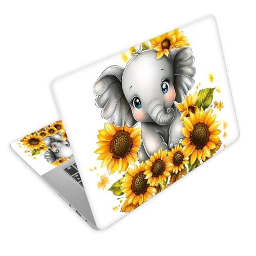 Universal Laptop Skin Decal, 3-Piece Vinyl Protector for 12 13 14 15.6" Notebook, Waterproof Anti-Scratch, Easy Trim & Bubble-Free Finish, Baby Elephant Sitting on Sunflowers - color: Baby Elephant Sitting on Sunflowers