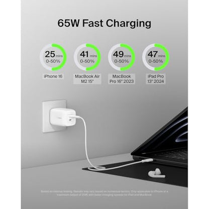 Belkin 65W Dual USB C Charger Block,Super Fast Charging PD3.0 w/GaN Technology-Samsung Galaxy S25, Apple iPhone 17,Air,Pro, Pro Max,iPad,MacBook,AirPods, Nintendo Switch 2 & More -White (Pack of 6) - style: 65W White (Pack of 6)