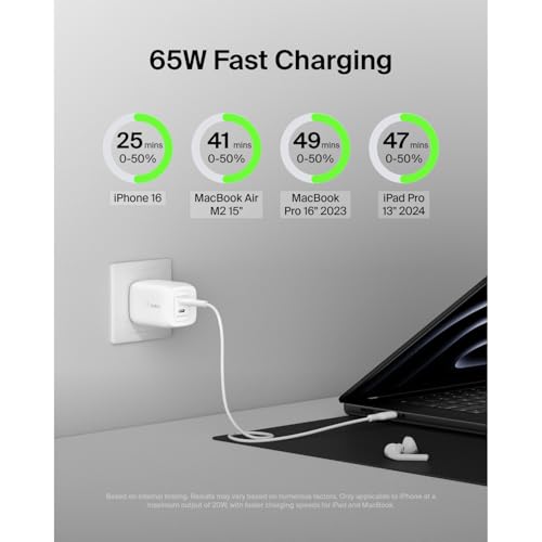 Belkin 65W Dual USB C Charger Block,Super Fast Charging PD3.0 w/GaN Technology-Samsung Galaxy S25, Apple iPhone 17,Air,Pro, Pro Max,iPad,MacBook,AirPods, Nintendo Switch 2 & More -White (Pack of 6) - style: 65W White (Pack of 6)