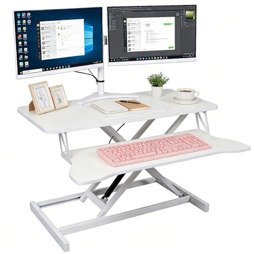 Standing Desk Converter, Height Adjustable, Dual Monitor with Keyboard Tray | Wide Keyboard Tray, Sturdy Construction, Sit-to-Stand Transition, Easy Assembly Tabletop Workstation for Home & Office - color: White, size: 36"