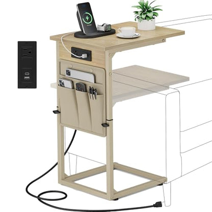 Vagusicc C Shaped End Table with Charging Station, Adjustable Height C Table End Table, Small Side Table for Couch, Couch Table Slide Under Sofa Table TV Tray Arm Table for Living Room,Bedroom,Natural - color: Natural Walnut, style: With Plug