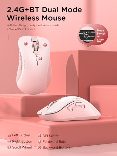 RAPIQUE Bluetooth Wireless Mouse, Dual Bluetooth & 2.4G USB Receiver, Pink | Right-Hand Ergonomic Grip, Quiet Clicks, Low Power - Multi-Device Compatibility for MacBook, Laptop, Computer, iPad Air/Pro - color: Pink