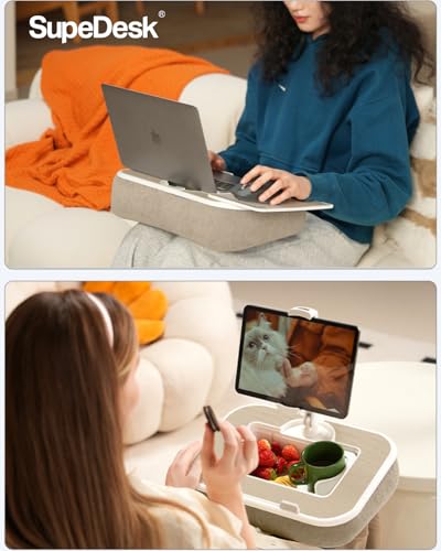 SupeDesk Laptop Lap Desk, Adjustable iPad Holder for Bed, 360° Swivel Tablet Arm, Laptop Desk with Mouse Pad, Snack Bowl & Cup Holder, Fits 4.7–13” Tablets & 15” Laptop (Beige) - color: Beige