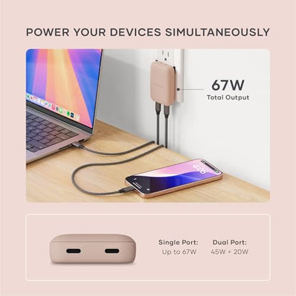 Satechi OntheGo 67W Wall Charger, GaN USB-C Fast Charging, Desert Rose | PD 3.0+PPS, dual-port power split (45W+20W), for MacBook, iPad, iPhone, Galaxy, Pixel, Steam Deck - color: Desert Rose