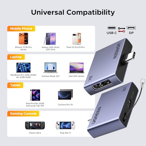 UGREEN USB C to DisplayPort 1.4 Adapter 8K@60Hz with PD 100W Fast Charging | 4K@240Hz, Unidirectional, Thunderbolt 4/3 to DP Compatible with iPhone 17, MacBook Pro/Air/Mini, iPad, Galaxy, Steam Deck