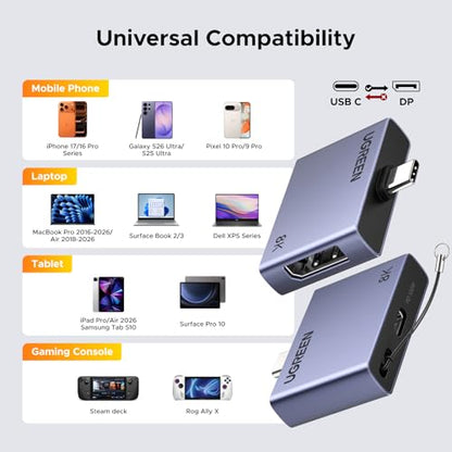 UGREEN USB C to DisplayPort 1.4 Adapter 8K@60Hz with PD 100W Fast Charging | 4K@240Hz, Unidirectional, Thunderbolt 4/3 to DP Compatible with iPhone 17, MacBook Pro/Air/Mini, iPad, Galaxy, Steam Deck