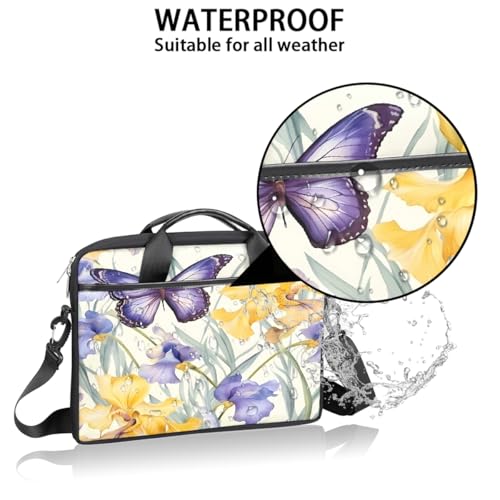 Laptop Shoulder Bag for Women Men, Waterproof Computer Case Messenger Bag Briefcase for Business Office Travel - color: Purple Yellow Iris Flower Butterfly