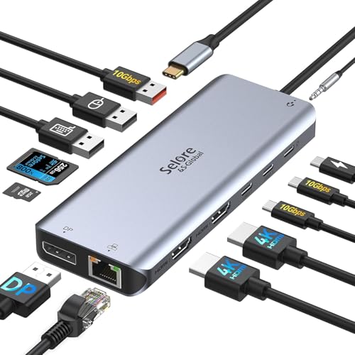 USB C Docking Station Dual Monitor, Selore 13-in-1 Triple Monitor with Dual HDMI, DP, 100W PD, Gigabit Ethernet, 10Gbps USB A/C Ports -Laptop Docking Stations for Dell, HP, Lenovo, MacBook - color: Silver Grey