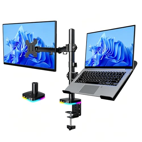Afaloona RGB Monitor & Laptop Stand with USB Hub, Charging & Data Transfer | Fits 13-32" monitors and 11-17" laptops with a removable tray that converts to a dual monitor mount, up to 18 lb per arm - size: RGB Laptop & Monitor Stand