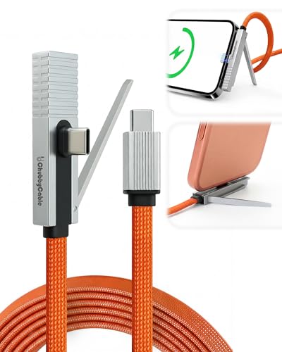 chubbycable StandLite Pro 90° 240W Fast Charge Cable with Invisible Stand & Phone Case Friendly Right Angle USB C Cable Braided Charging Cord, Orange, Type-C to Type-C, 4.9FT - color: Orange, size: 4.9ft