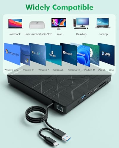 Super External CD DVD Drive, USB 3.0 DVD Burner with Ethernet Adapter, 3 USB and 2 TF/SD Card Ports, CD DVD Player Reader Writer Optical Disk Drive for Laptop MacBook PC Windows 11/10/8/7 Linux Mac OS - color: Textured Black