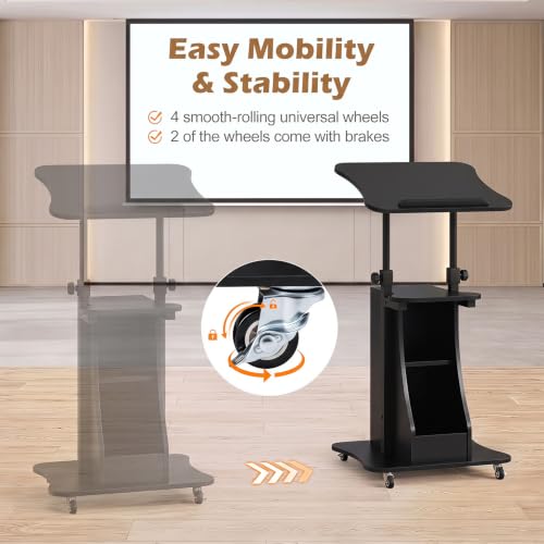 Tangkula Mobile Lectern Podium Set of 2, Height Adjustable Podium Stand, Standing Sit-to-Stand Desk, Rolling Cart Laptop Desk with Swivel Top Movable Wheels & Storage - color: Black, size: 20" x 16" x 44"