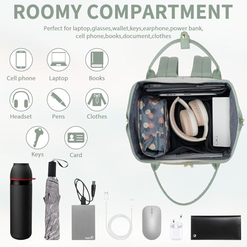 VANKEAN 15.6 Inch Laptop Backpack for Women Large Capacity Waterproof Daypack - color: Beige-light Green, size: 15.6 Inch