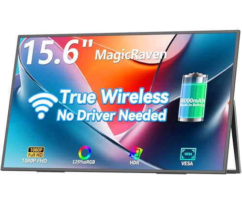 Wireless Portable Monitor for Laptop, 15.6" Portable Monitor with Battery | 1080P FHD Second Screen for Home & Office, AirPlay & Miracast Casting, No Cables or Drivers Needed