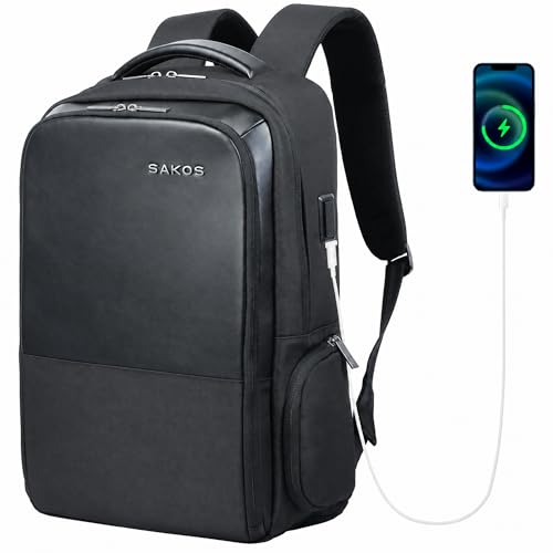 SAKOS Business Backpack for Men & Women, Smart Professional Backpack with USB Charging Port, 15.6 inch Waterproof Laptop Backpack with Microfiber Leather Accents