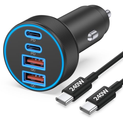iPhone 17 16 15 Car Charger Fast Charging, 90W 4Port USB C Fast Car Charger | Cigarette Lighter Adapter, with 240W 3FT USB-C Cable, for iPhone 17/Air/17 Pro Max/17e/16/15 Pro Max/Plus/16e, iPad, Android - color: Black