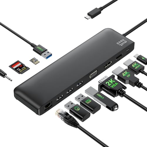USB C Docking Station Minthouz 12-in-1 Docking Station 3 Monitors, USB Hub with DisplayPort/HDMI/VGA, PD, USB 2.0/3.0, Gigabit Ethernet, SD/TF, Audio Jack USB C Dock for Windows & Mac