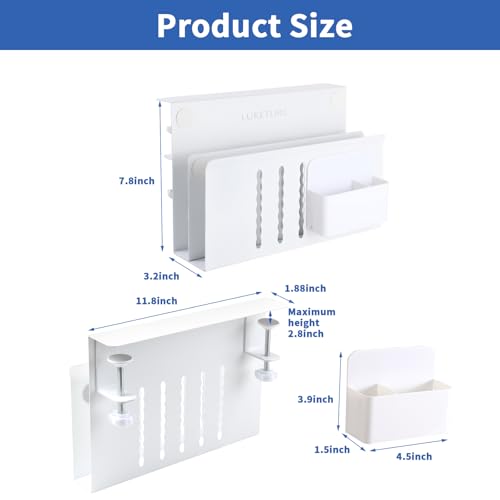 LUKETURE 2 Tier Desk Side Storage, No Drill Laptop Mount with Pen Holder | Fits Flat Edge Desks 0.3 to 2.8 Inches,Secure Grip on Wood, Glass, or Metal Surfaces Without Slipping - color: White(2 Tie)