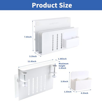 LUKETURE 2 Tier Desk Side Storage, No Drill Laptop Mount with Pen Holder | Fits Flat Edge Desks 0.3 to 2.8 Inches,Secure Grip on Wood, Glass, or Metal Surfaces Without Slipping - color: White(2 Tie)