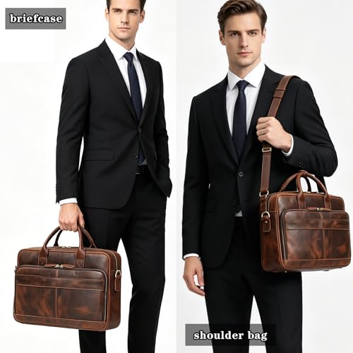 Leather Laptop Bag for Men Briefcase Fits 15.6 Inch Notebook Portable Shoulder Messenger Crossbody Bag for Travel Office - color: Dark Brown
