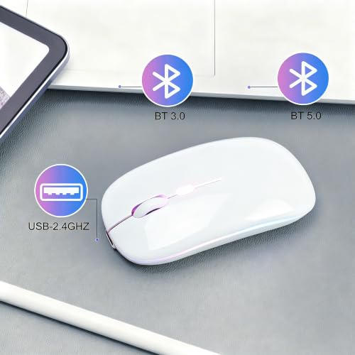 Wireless Bluetooth Mouse Rechargeable Long Lasting Dual Mode - BT 5.2 & 2.4G Silent RGB LED Mice, Slim Portable Ergonomic Mouse for Laptop/PC/Tablet/MacBook/iPad/Apple Devices(White) - color: White