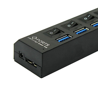MaxLLTo 7 Port USB SuperSpeed 3.0 Hub On/Off Switches + AC Power Adapter Cable for PC Laptop -Black