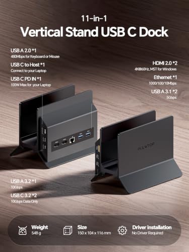 USB C Docking Station Dual Monitor 4K@60Hz, 11-in-1 Vertical Laptop Stand Dock, 100W PD, 10Gbps Data, Gigabit Ethernet, Compatible with Dell Lenovo HP Windows Laptops, Black - color: Black