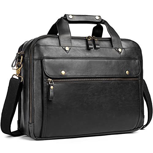 Leather Briefcases for Men 15.6 Inch Laptop Messenger Bag with Triple Compartments Water-Resistant Computer Shoulder Bag for Business, Travel, Work, Office, Black - color: Black