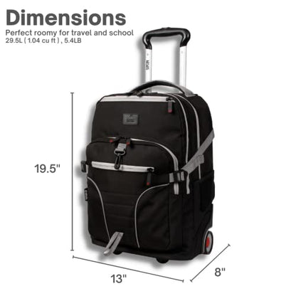 J World Lunar Rolling Backpack. Laptop Bag With Wheels. Wheeled Carry-On Travel Luggage, Black, 19.5 x 13 x 8 Inches - color: Black