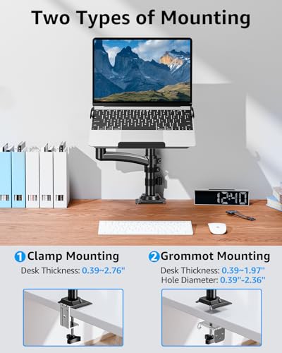 MOUNTUP Laptop Desk Mount, Adjustable Laptop Stand for max 17" Notebook or 32" Monitor, Laptops Arm Mount for Desk Holds 4.4-22lbs, Tall Laptops Stand with Clamp/Grommet - size: Single, style: With Pole