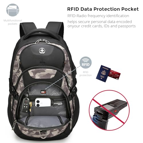 Swissdigital Design Laptop Backpack with USB Charging Port, Travel Backpack Fits 15.6 inches Computer, 31L College School Backpack for Men, Khaki Camo | SD803-94 - color: Khaki Camo