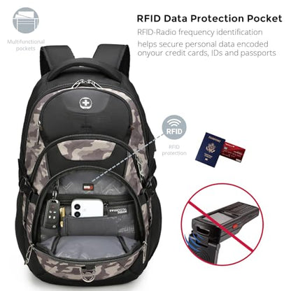 Swissdigital Design Laptop Backpack with USB Charging Port, Travel Backpack Fits 15.6 inches Computer, 31L College School Backpack for Men, Khaki Camo | SD803-94 - color: Khaki Camo
