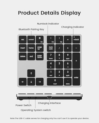 Kisnt KN300BT Bluetooth Number Pad for Laptop, 34- Key Wireless Rechargeable Numeric Keypad Portable External Numpad for MacBook, Tablets, Mac, iOS, Android, Windows PC - style: 34 Keys Wireless Numpad