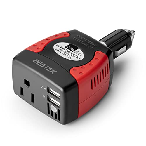 BESTEK 150W Power Inverter 12V to 110V Voltage Converter Car Charger Power Adapter with 3.1A Dual USB Charging Ports - color: Red