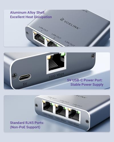 VCELINK Gigabit Ethernet Splitter 1 to 3, 1000Mbps 3-Port Ethernet Switch | 1000Mbps Ethernet Switch, USB Power Cable Included, Supports 3 Devices at Once, Compatible with Cat7/Cat6/Cat5