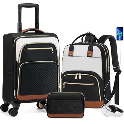 RAINSMORE Carry On Luggage with wheels, Softside Suitcases Set 3 Piece | 22x14x9 Airline Approved, Luggage Sets with Backpack & Toiletry Bag, Rolling Suitcase with TSA Lock, for Travel Weekender - color: Black-White-Brown