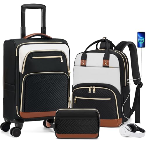RAINSMORE Carry On Luggage with wheels, Softside Suitcases Set 3 Piece | 22x14x9 Airline Approved, Luggage Sets with Backpack & Toiletry Bag, Rolling Suitcase with TSA Lock, for Travel Weekender - color: Black-White-Brown