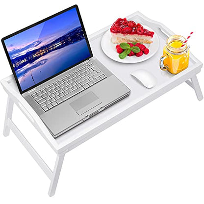 Bed Tray Table Bamboo Breakfast Food Tray with Folding Legs Kitchen Platters Serving Plate for Bed TV Table Desk Laptop Computer（White Large） - color: White-large