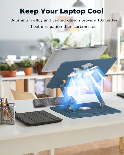 Aoviho 360° Rotating Laptop Stand for Desk | Adjustable, Foldable, Portable Aluminum Ergonomic Riser | Compatible with MacBook, Dell, HP & All Laptops 10-16 inch - color: Navy Blue