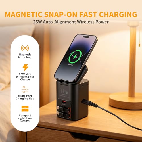 100W Multi-Function Desktop Charging Station, Wireless Charger with Dual 75cm Retractable USB-C Cables, USB-A QC3.0, Fast Charging for Laptops, Phones, Earbuds（I161C）