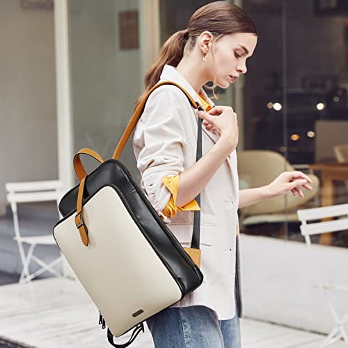 CLUCI Leather Backpack for Women, 15.6 inch Laptop Bag, Large Genuine Work Backpack Travel Back - color: 0-2 Beige With Yelow Fine Lines