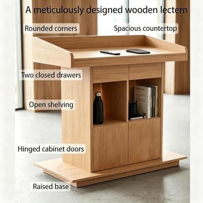Podium Stand, Podium with Wheels, Floor Standing Speaking Poidum Lectern Stand, Church Pulpit with Storage, Office Wooden Reception Desk, Host Stand for School Conference | Natural - color: Natural