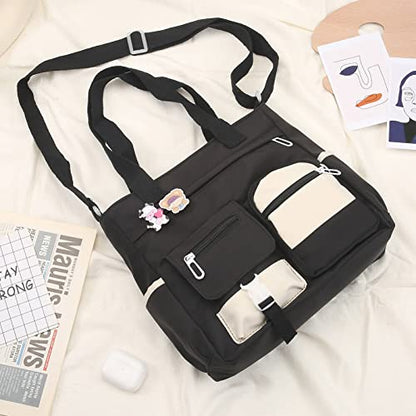 Phaoullzon Cute Messenger Bag Kawaii Crossbody Purse for Teen Shoulder Tote | Gifts for Girls/ Women, Nylon Japanese College Satchel Travel Work Gym Handbag - color: Black, style: Large(could Fit 14" Laptop)