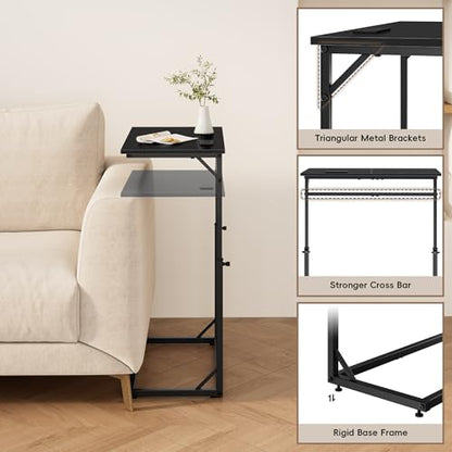 C Shaped End Table with Charging Station, C-Table End Table Adjustable Height Side Table for Couch, Large Couch Tables,Slide Under Sofa Tables TV Tray Arm Tables for Living Room,Bedroom,Black - color: Black, style: With Plug